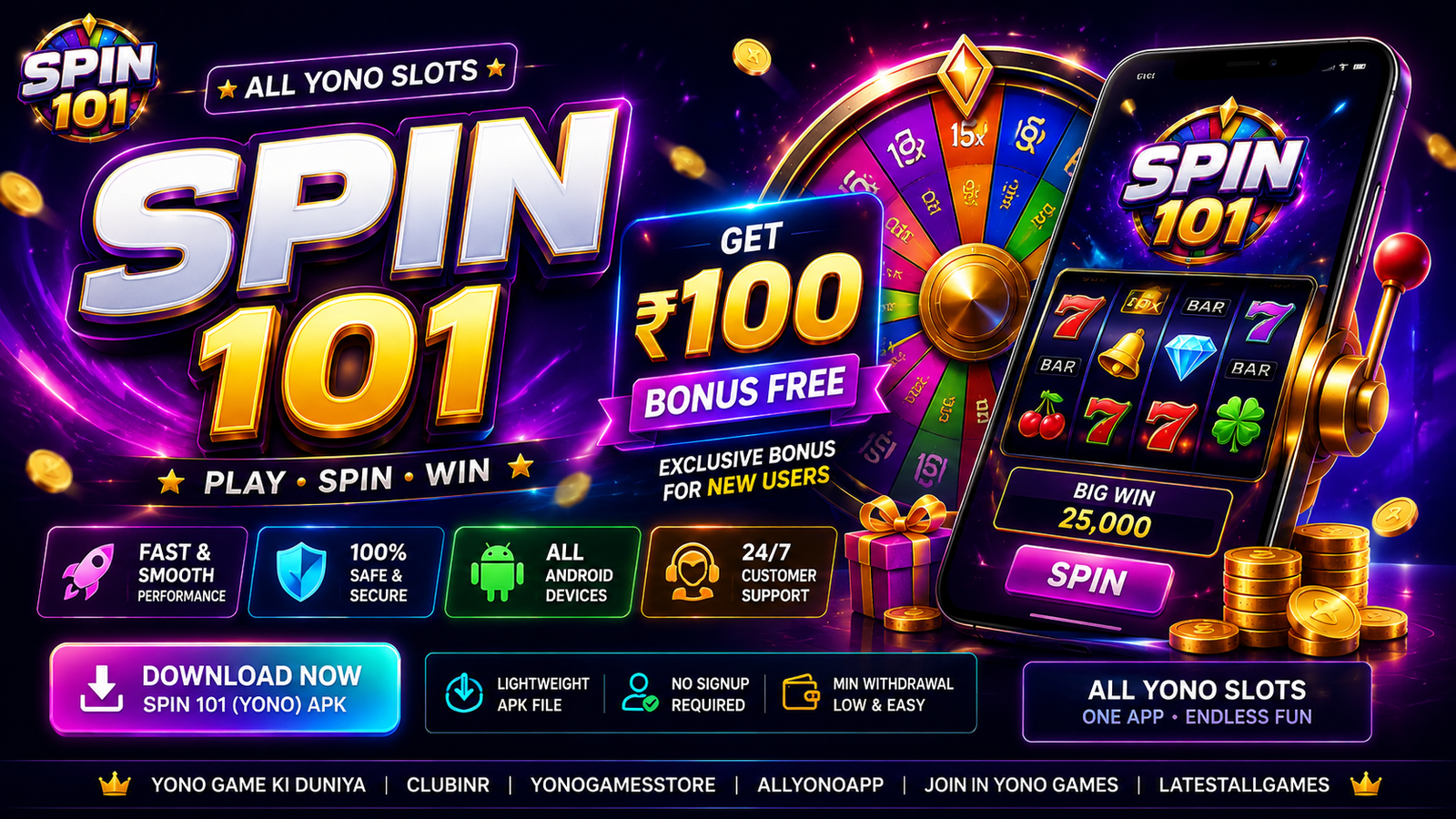 Spin 101 (Yono) Download & Get ₹100 Bonus Free – All Yono Slots